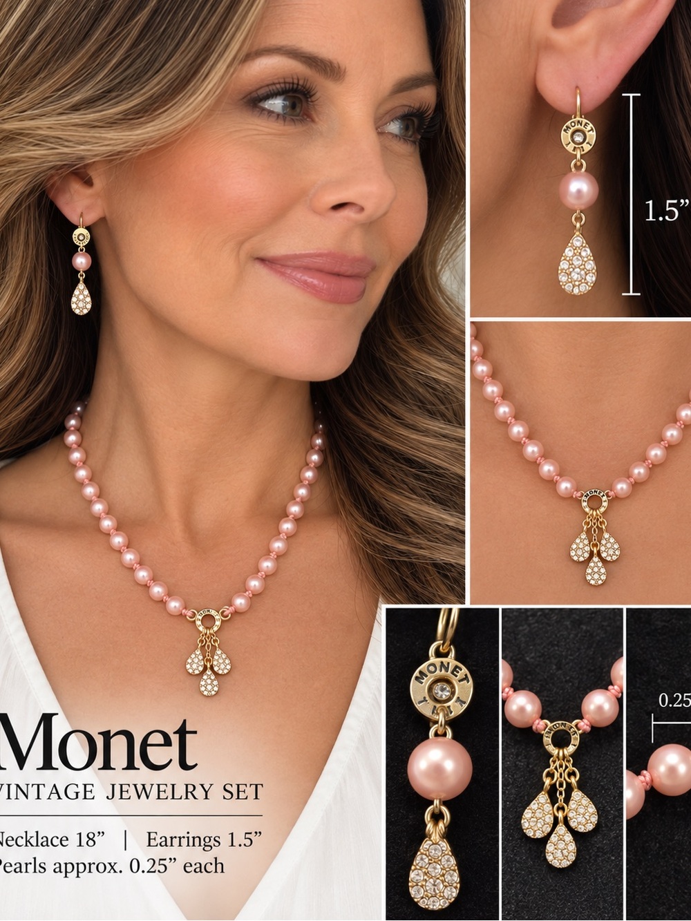 Vintage Monet Pink Faux Pearl Rhinestone Necklace & Earrings Set 18”